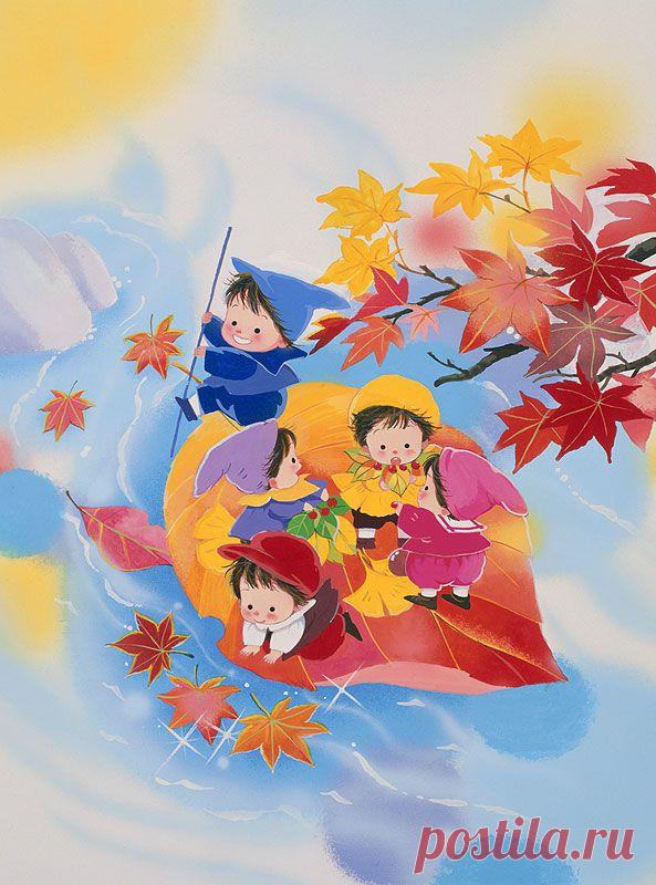 Животных иллюстрации осень, феи реки вниз в листьях лодки