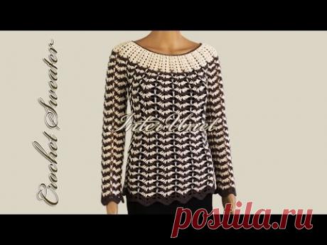 Wavy striped sweater – crochet pullover with sleeves