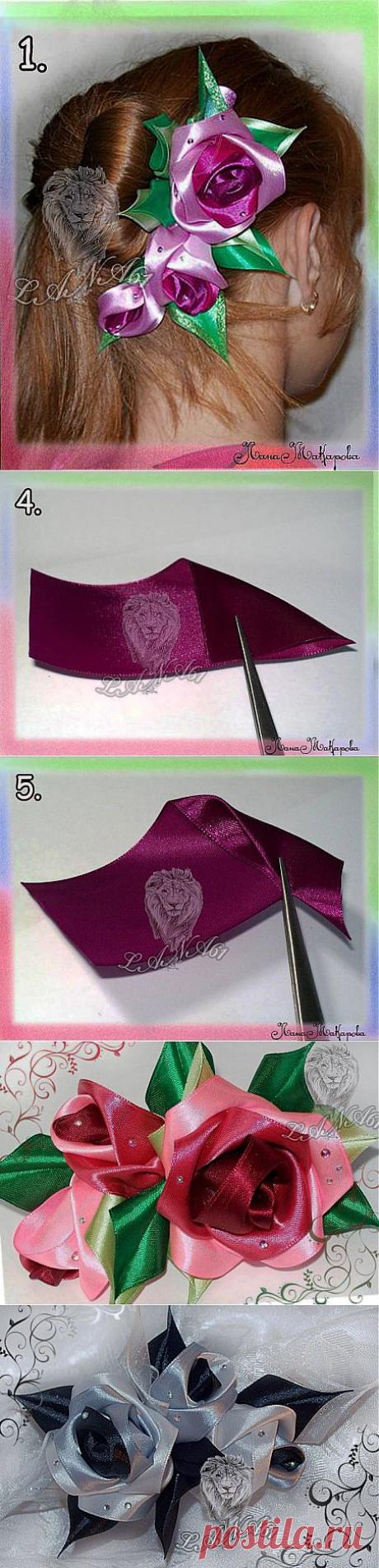 МК Розы из атласных лент.