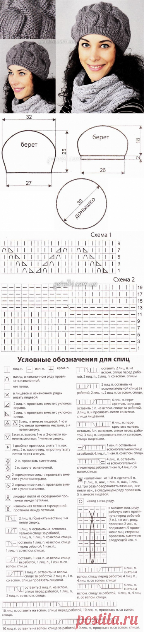 Хорошенький берет с интересный узором Размер: 52-54 (Вязание спицами) | Журнал Вдохновение Рукодельницы