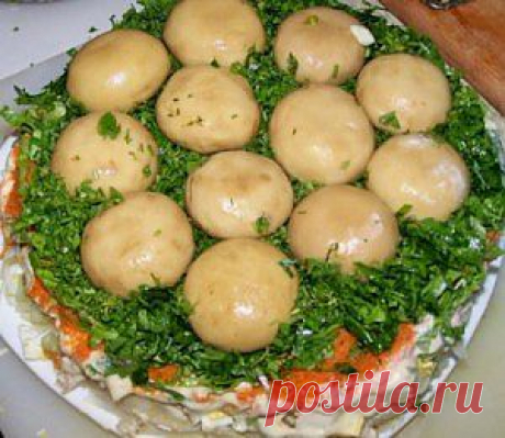 Салат &quot;Грибная поляна&quot; подробный рецепт
Это очень красивый и вкусный салат. Готовить его советую в прозрачной миске или стеклянной кастрюле - процесс приготовления очень интересный, за ним интересно наблюдать.   Рецепт тут
