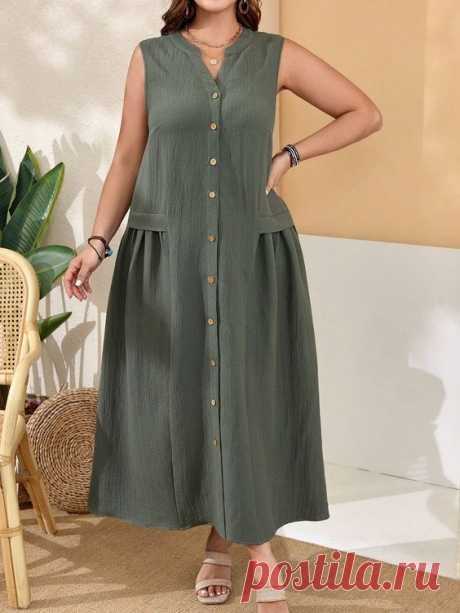 Plus Size Women'S Button Front Sleeveless Green Dress For Spring