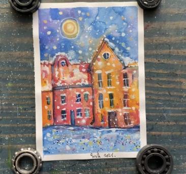 Заснеженный город Заснеженный городСнежинки удобнее всего рисовать белой гуашью.