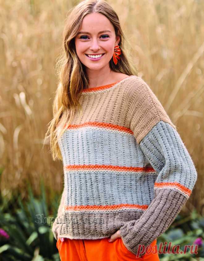 Пуловер в полоску с круглой горловиной — Shpulya.com - схемы с описанием для вязания спицами и крючком