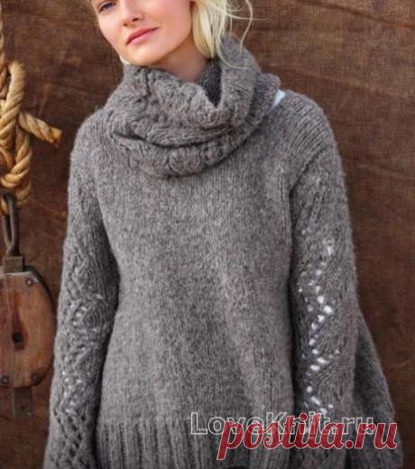 Свитер с ажурными рукавами и воротником схема спицами » Люблю Вязать