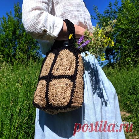 Сумка из джута на основе бабушкиного квадрата. Мастер-классы по рукоделию. Методы изготовления полезных вещей для домашнего хозяйства.
