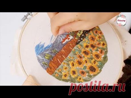 Hand Embroidery World - Sunflower Field Landscape Embroidery - Landscape Embroidery