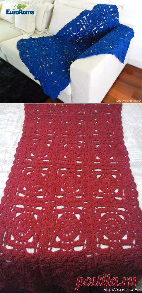 Синий плед крючком квадратными мотивами