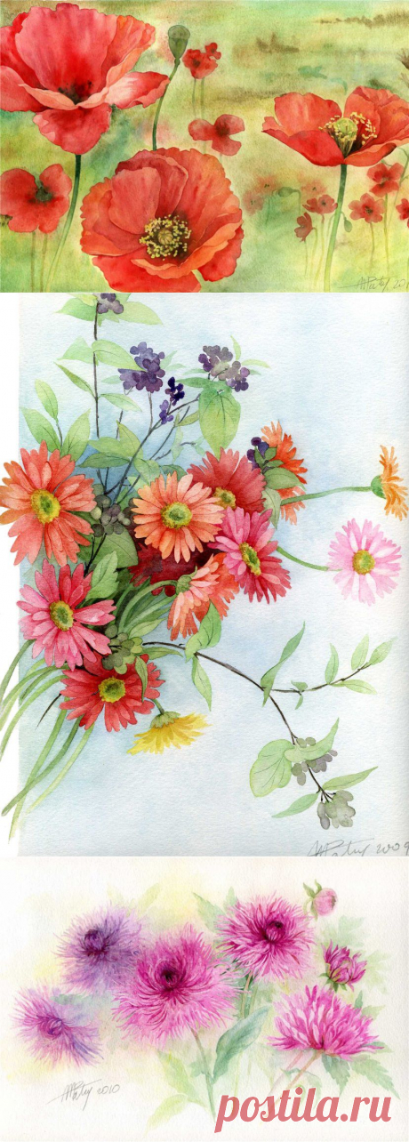 Anne Marie Patry-Belluteau. Цветочной акварели краски коснулись белого листа.