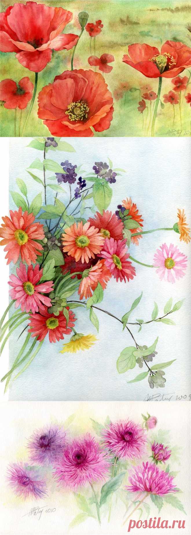 Anne Marie Patry-Belluteau. Цветочной акварели краски коснулись белого листа.