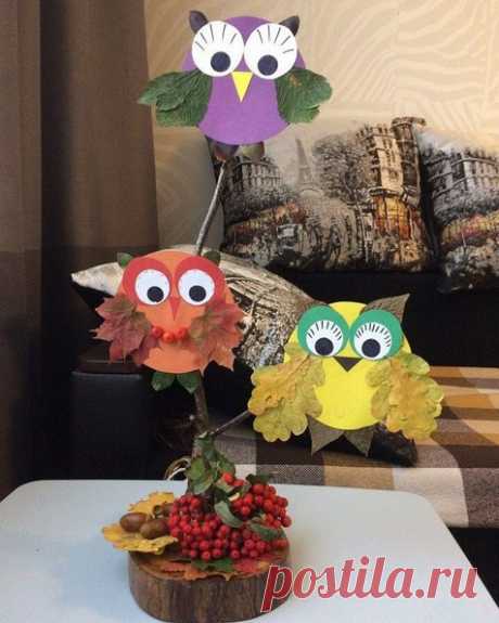 ПОДЕЛКИ ИЗ ЛИСТЬЕВ ДЛЯ ДЕТЕЙ. Осенние совушки 🦉 - простая поделка из цветного картона и листьев
