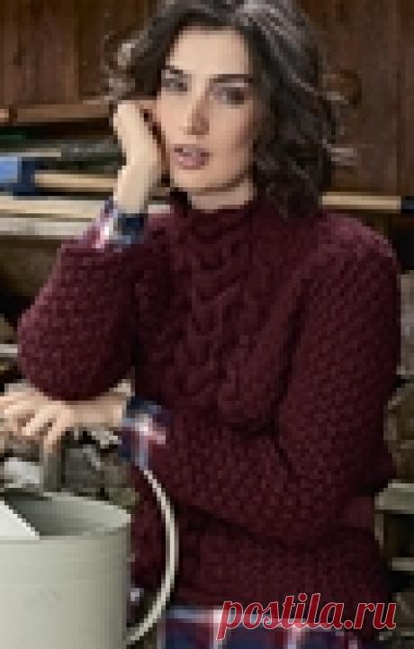 Модный бордовый джемпер с воротником-стойкой спицами!