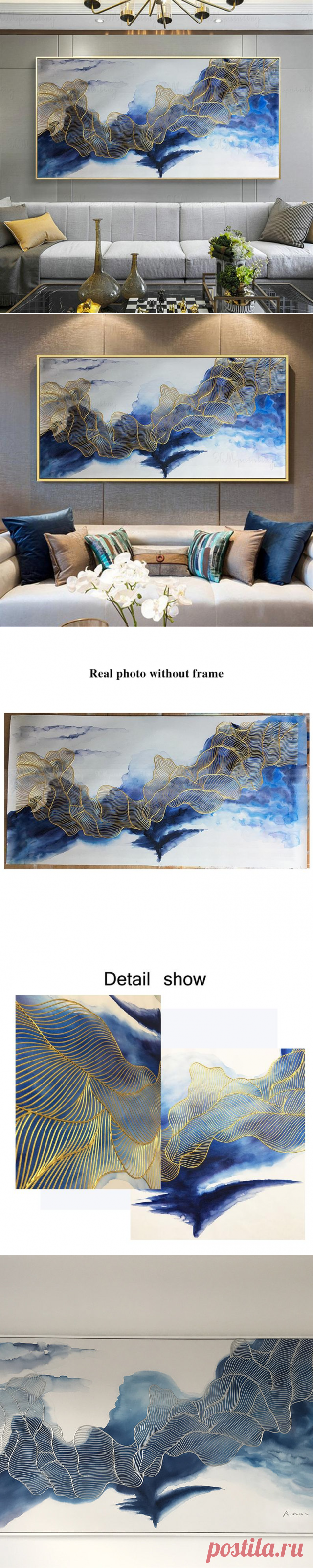 Gold line framed abstract painting wall art canvas picture for | Etsy