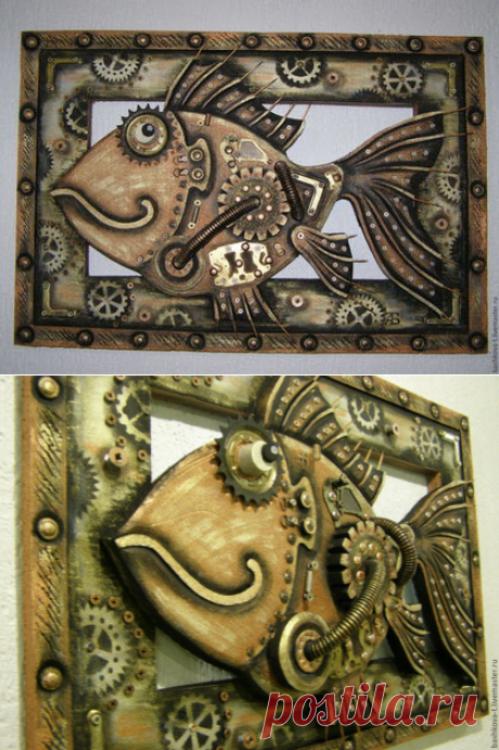 Рыба в стиле «стимпанк» - картина, стимпанк, рыба, панно настенное, коричневый, акриловые краски