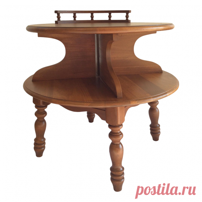 Vintage Bassett Colonial Style Two Tiered Side Table This Beautiful vintage Bassett round two tiered colonial style end table is in excellent vintage condition! I am madly in love with this style of furniture design right now. It screams stability, dependability, practicality . . . and oozes old world charm with such a modern twist!!! The top two tiers were just stripped, restained and resealed. This wonderful piece would be perfect in a cabin, traditional english countrys...