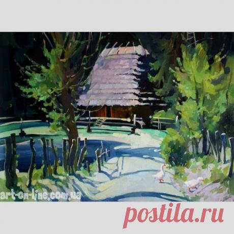 Картина Деревенская тишина - Пейзаж  - Ярошевич Анастасия (живопись) Картина Деревенская тишина -  Домик с высокой крышей