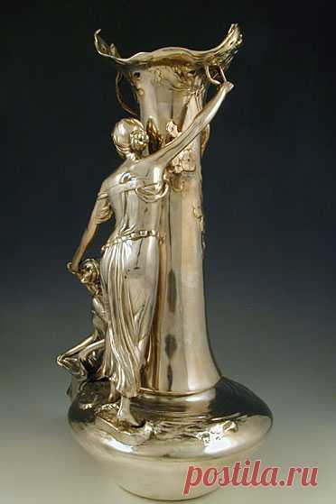 Art Nouveau Silver Plate on Pewter Vase with two Maidens