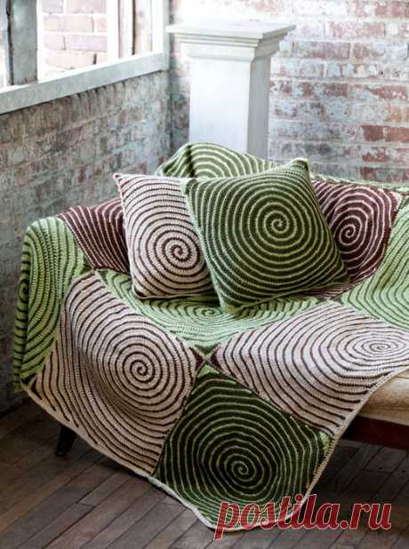 Плед и подушка Спирали. Плед спицами для дома со схемами | Вязание для всей семьи