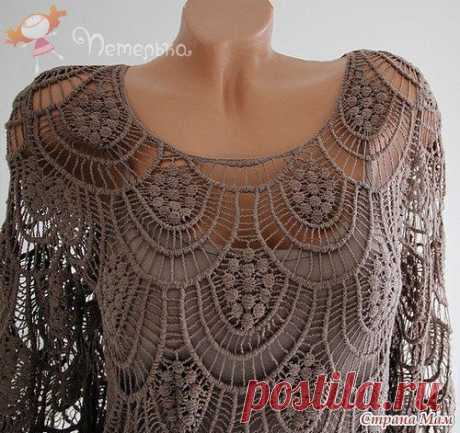 ТУНИКА "НЕВОЗМОЖНОЕ ВОЗМОЖНО" ЮЛИИ ПОПОВОЙ 
Итак приступаем к вязанию. Нитки лучше взять способные струится. Это может быть шёлк, вискоза, мерсеризованный хлопок. Толщину нити Вы выбираете сами. У меня нитка не очень тонкая "Косичка" Семёновская, 313м/100гр. Для более тонких ниток 13, 15, 17 ряд я бы вязала умножая на 2, т. е. где 2 столбика без накида, надо вязать 4, но считать как два.
Вот схема:
Цитировать фото

 
есть ещё вариант шишечек: 
Начало работы Юлия Попова опи...