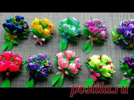 #канзаши #цветы #броши    Брошь "Тюльпаны" к 8 марта. Из репсовой и атласной ленты.