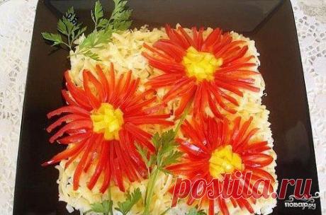 Салат &quot;Астра&quot; 
https://povar.ru/recipes/salat_astra-17792.html

Салат &quot;Астра&quot; - кулинарный рецепт на Повар.ру
Предлагаю простой, вкусный и очень сытный салат &quot;Астра&quot;. А его оригинальное оформление позволит этому блюду занять достойное место на праздничном столе.