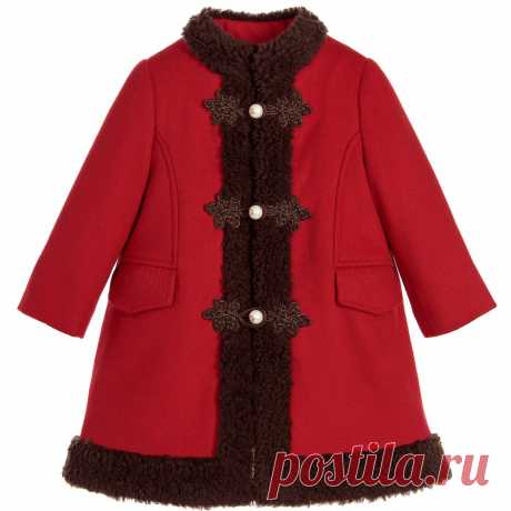 Baby Girls Red Wool & Cashmere Coat Baby girls red wool and cashmere coat by Gucci. This fabulous design is both smart and stylish, woven in a beautifully soft wool and cashmere blend and trimmed with chestnut brown wool fleece. The coat fastens across the front with brocade frogging and 'GG' logo pearl buttons. There are two front pockets and it is lined with a silky green satin printed with various breeds of dogs.
