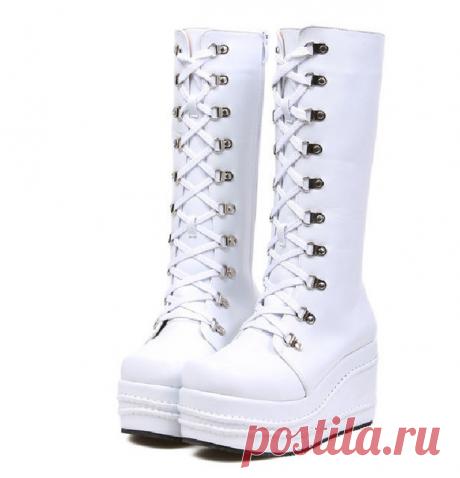 2015 мода весна осень дамы женщины рок лолита панк зашнуровать бедро высокие сапоги платформа танкетка туфли botas сапоги обувь женские купить на AliExpress