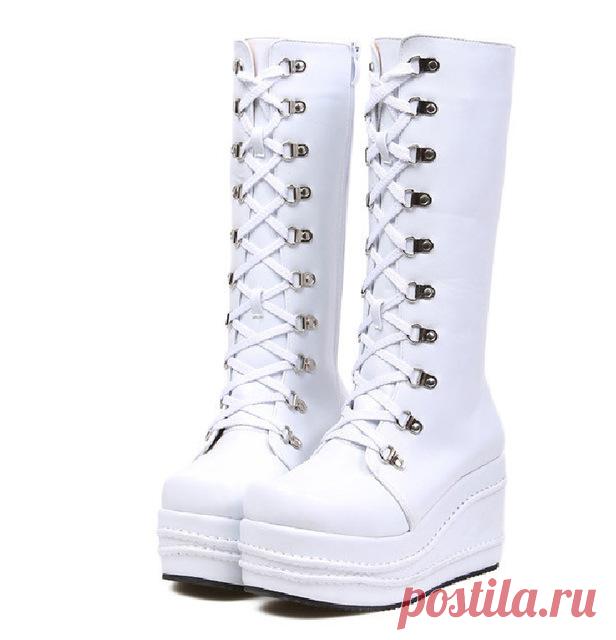 2015 мода весна осень дамы женщины рок лолита панк зашнуровать бедро высокие сапоги платформа танкетка туфли botas сапоги обувь женские купить на AliExpress