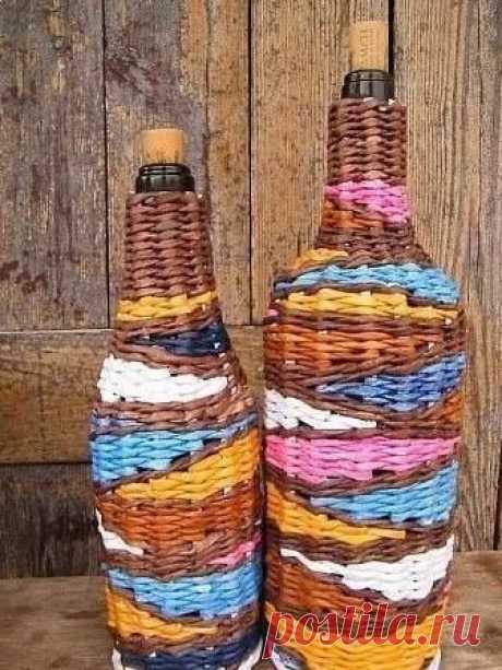 Бутыли в газетных трубочках — Сделай сам, идеи для творчества - DIY Ideas