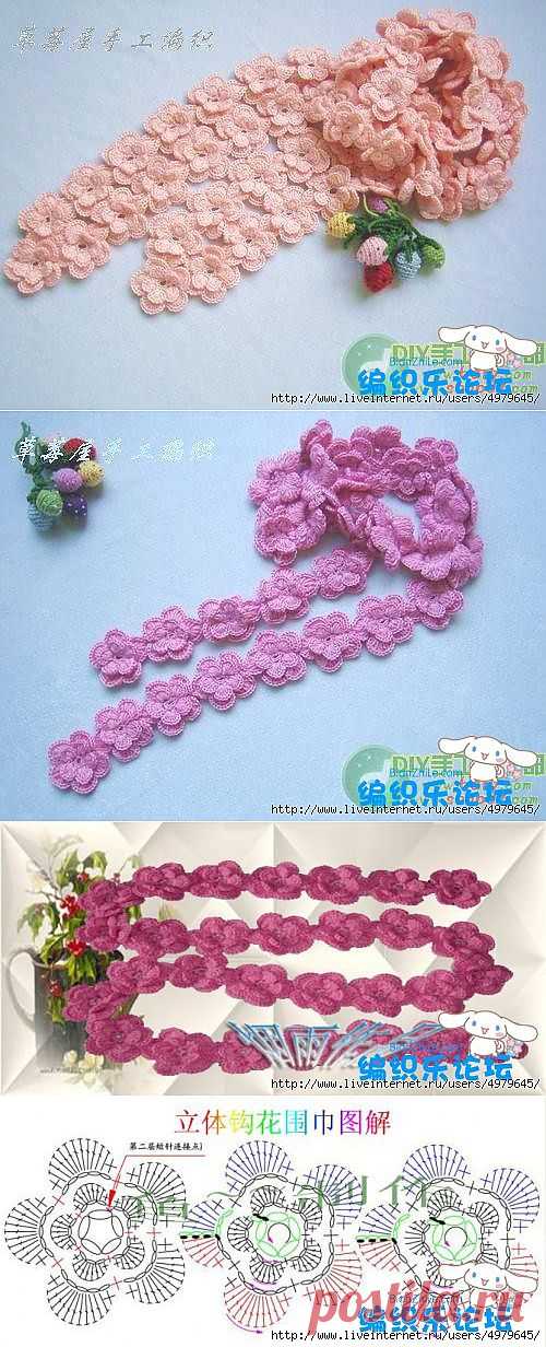 ЦВЕТОЧНЫЙ ШАРФИК ВЯЖЕМ БЕЗ ОТРЫВА НИТИ.