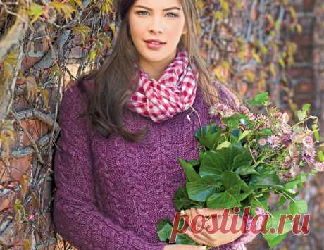 Фиолетовый джемпер с узором из «кос» - схема вязания спицами. Вяжем Джемперы на Verena.ru Схема и описание вязания на спицах фиолетового джемпера с узором из «кос» из журнала «Маленькая Diana» №8/2017