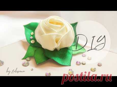 DIY: Роза из атласных лент на зажимах своими руками | канзаши | hair clip - rose with rhinestones