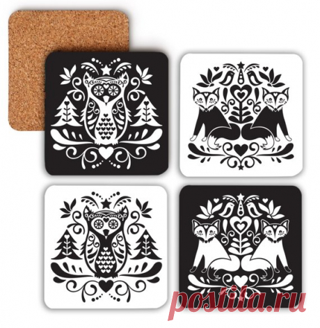 Coaster set // Scandinavian folk art coasters // monochrome coasters // forest friends coasters // drinks coasters // fox // owl A lovely set of four coasters featuring my popular monochrome Scandinavian folk art fox and owl design. Each set has two owl coasters and two fox coaster. Bring a piece of nordic forest into your home.  Dimensions 9.5x9.5cm (4x4)  Material Heat resistant high gloss finish with non-slip