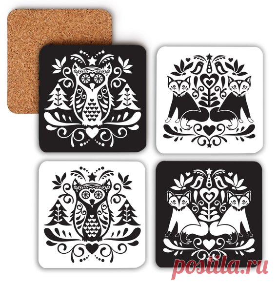 Coaster set // Scandinavian folk art coasters // monochrome coasters // forest friends coasters // drinks coasters // fox // owl A lovely set of four coasters featuring my popular monochrome Scandinavian folk art fox and owl design. Each set has two owl coasters and two fox coaster. Bring a piece of nordic forest into your home.  Dimensions 9.5x9.5cm (4x4)  Material Heat resistant high gloss finish with non-slip