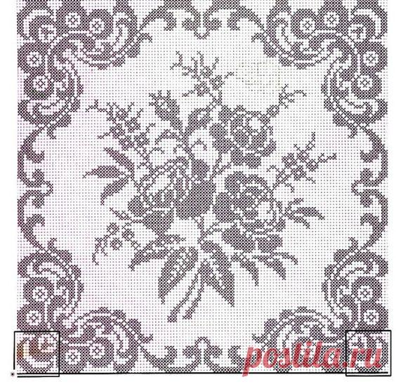 Вязание крючком. Схема квадратной салфетки в технике филейного вязания.