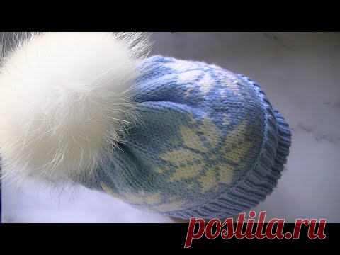 Вяжем шапку с жаккардовым узором снежинки.