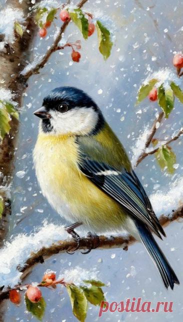 a painting of a bird perched on a tree branch in the snow with berries all around