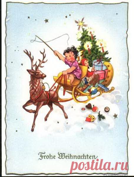 Рождественские и новогодние старинные открытки с изображением детей. Часть 1. : На крыльях вдохновения