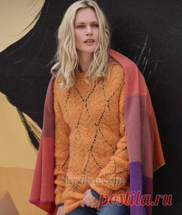 Рыжий пуловер с ажурными ромбами — Shpulya.com - схемы с описанием для вязания спицами и крючком