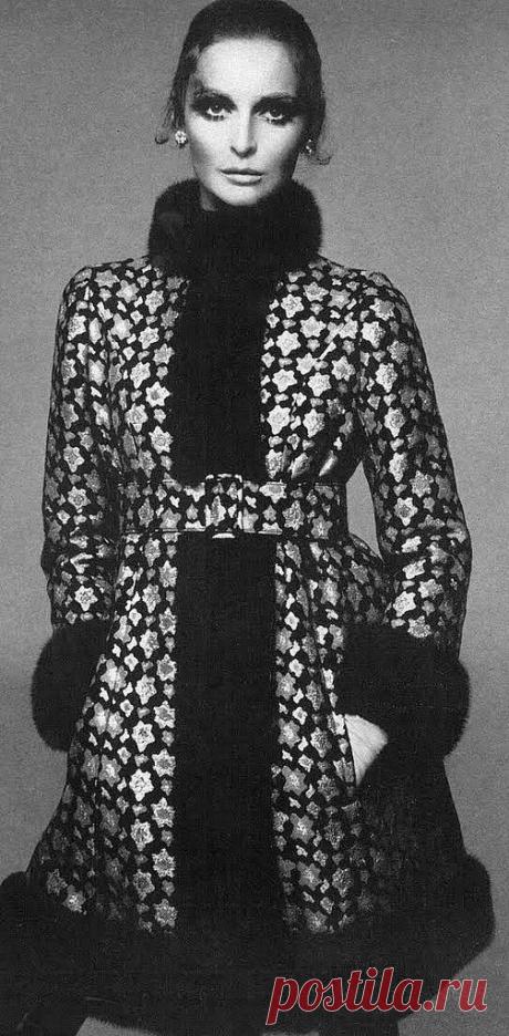 Samantha Jones in a dramatic evening coat of rich gold brocade edged in a dark mink by Norman Norell, photo by Avedon for Vogue 1967 | Flickr - Photo Sharing!