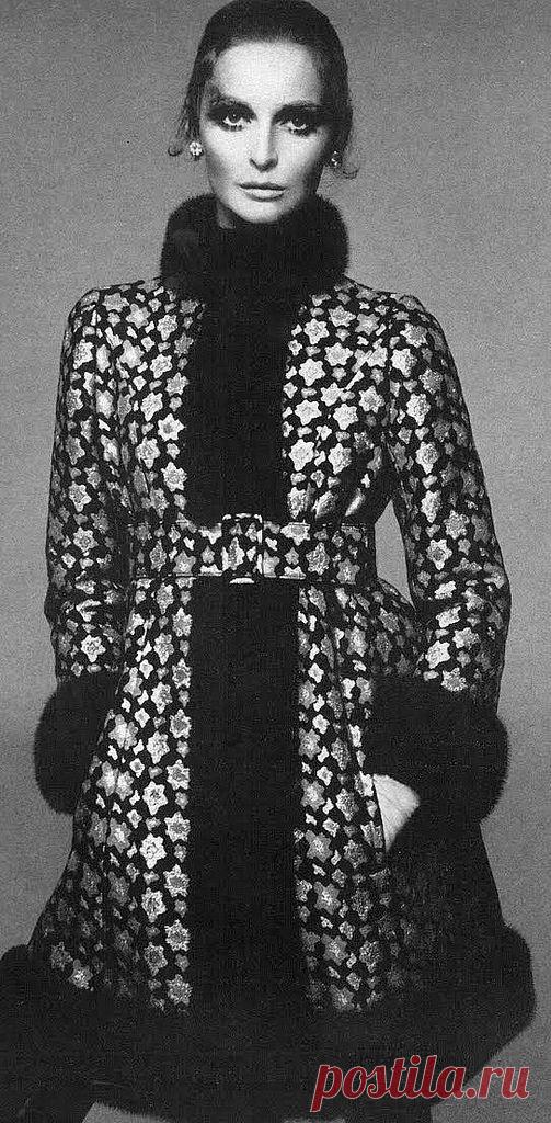 Samantha Jones in a dramatic evening coat of rich gold brocade edged in a dark mink by Norman Norell, photo by Avedon for Vogue 1967 | Flickr - Photo Sharing!