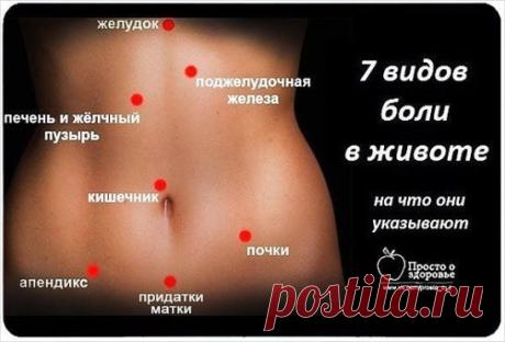 7 ВИДОВ БОЛИ В ЖИВОТЕ:
1. Боль в самом верху по центру, под ложечкой - это указывает на гастрит, 
Но может являться симптомом инфаркта (особенно если боль отдает в правую руку), либо аппендицита.
2. Боль в правом подреберье.
Резкая боль, сопровождающаяся тяжестью, тошнотой, отдает в правое плечо - скорее всего является желчной (печеночной) коликой. Может свидетельствовать о наличии камней в желч