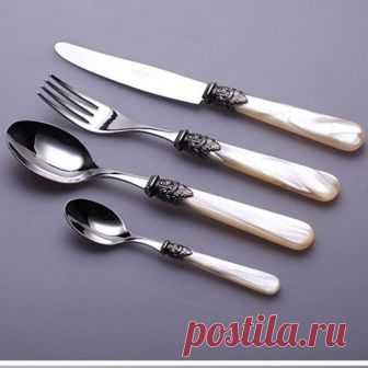 Высококачественный набор столовых приборов Нержавеющая сталь набор посуды роскошный Seashell Ручка столовые приборы стейк Ножи главный вилка суп совок 4 шт. купить на AliExpress