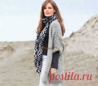 Свободный жилет и шарф - Хитсовет Свободный жилет и шарф. Новинка свободный женский жилет и шарф со схемой и бесплатным описанием вязания. Вам потребуется: 450 (500, 550) грамм светло-серой меланжевой пряжи, состоящей из 50% натуральной шерсти, 50% полиакрила; длиной нити 85 метров в 50 граммах для жилета и 300 грамм черно-серой секционного крашения пряжи, состоящей из 67% полиакрила, 30% шерсти, 3% полиамида; длиной нити 50 метров в 50 граммах для шарфа; для жилета спицы ...