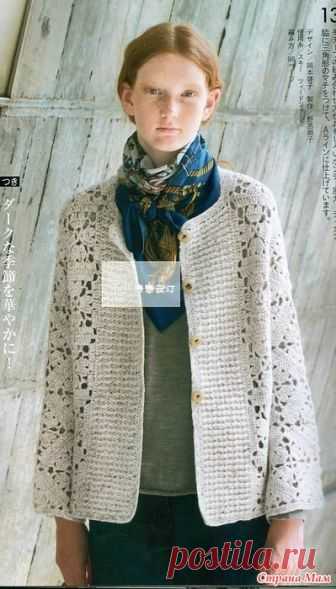 Ажурный жакет из мотивов с широкими планками плотным узором. Крючок. «Let’s knit series NV80530, 2016»