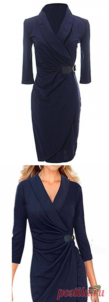 Vechell Women's 3/4 Sleeve V Neck OL Pleated Wrap Wiggle Pencil Party Dress at Amazon Women’s Clothing store: