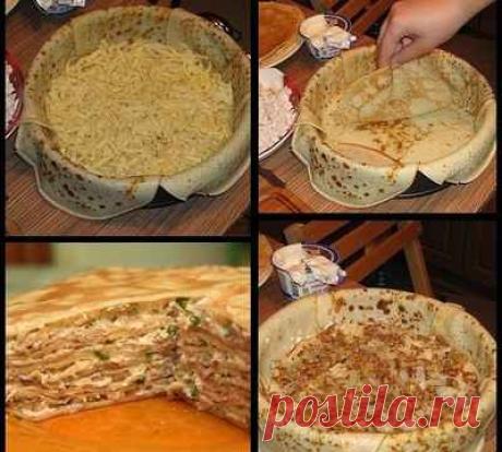 Блинный пирог с куриным мясом пошаговый рецепт