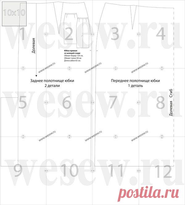 Выкройка классической прямой юбки со шлицей сзади (для полных)