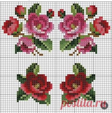 four cross stitch roses with green leaves and red flowers in the middle, on a white background