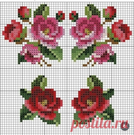 four cross stitch roses with green leaves and red flowers in the middle, on a white background